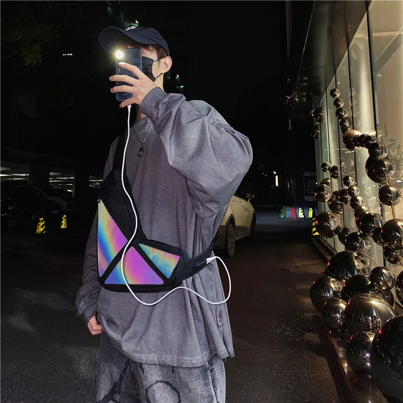 Trend reflective colorful diagonal backpack Harajuku Hong Kong wind couple diagonal backpack outdoor USB men's chest bag