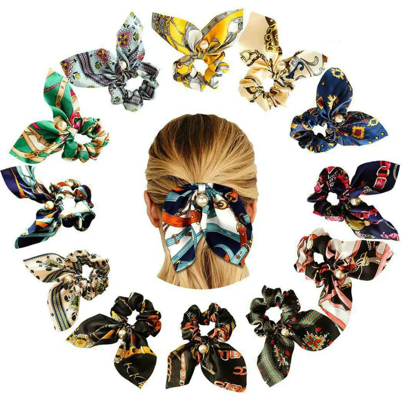 New Chiffon Bowknot Silk Hair Scrunchies Women Pearl Ponytail Holder Hair Tie Hair Rope Rubber Bands Hair Accessories Headwear