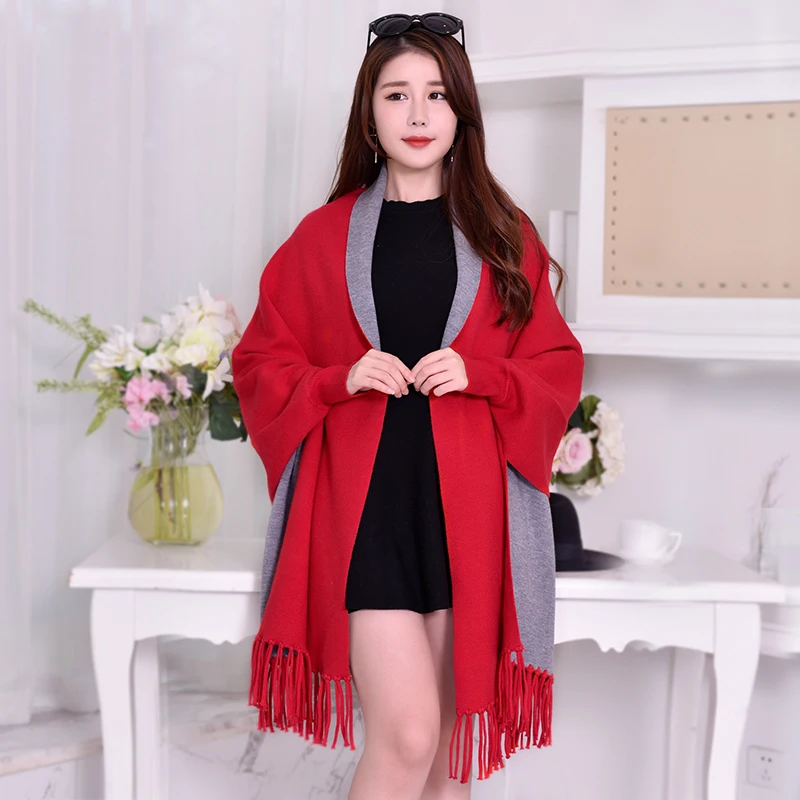 Winter Black Poncho Women with Sleeve Blanket Shawl Wraps Pashmina Navy Red Thicken Stoles Warm Reversible Vintage Ponchos Capes