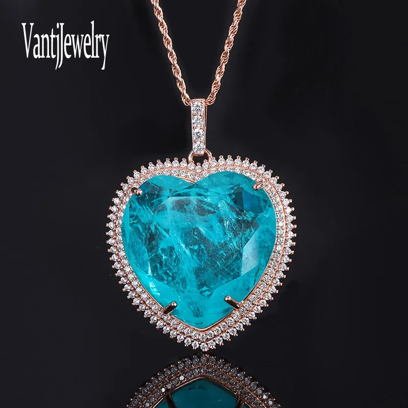 Big Stone Paraiba Tourmaline Pendant 925 Silver Sterling Created Gemstone 32mm Necklace for Woman Wedding Party Jewelry Gift