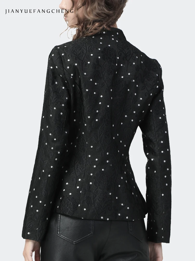 Fashion Suit Collar Black Polka Dots Women\' Blazer Long Sleeve Single-Button Slim Short Jacket 2022 Autumn New Jacquard Coat