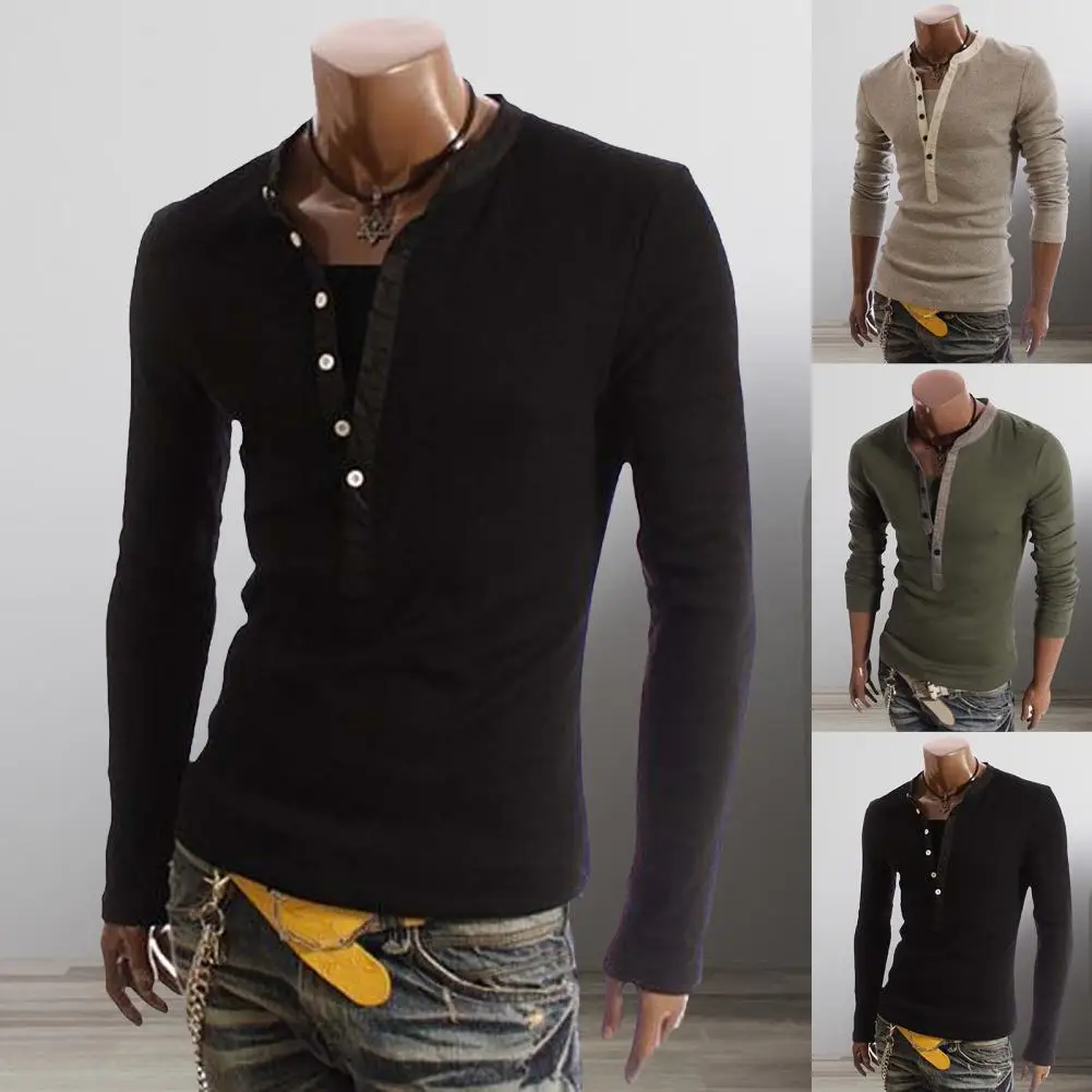 New T-Shirt Men Spring Cotton T Shirt Men Solid Color Tshirt Single-breasted  Collar Long Sleeve Top Men Slim Tee Fit Shirts 3XL