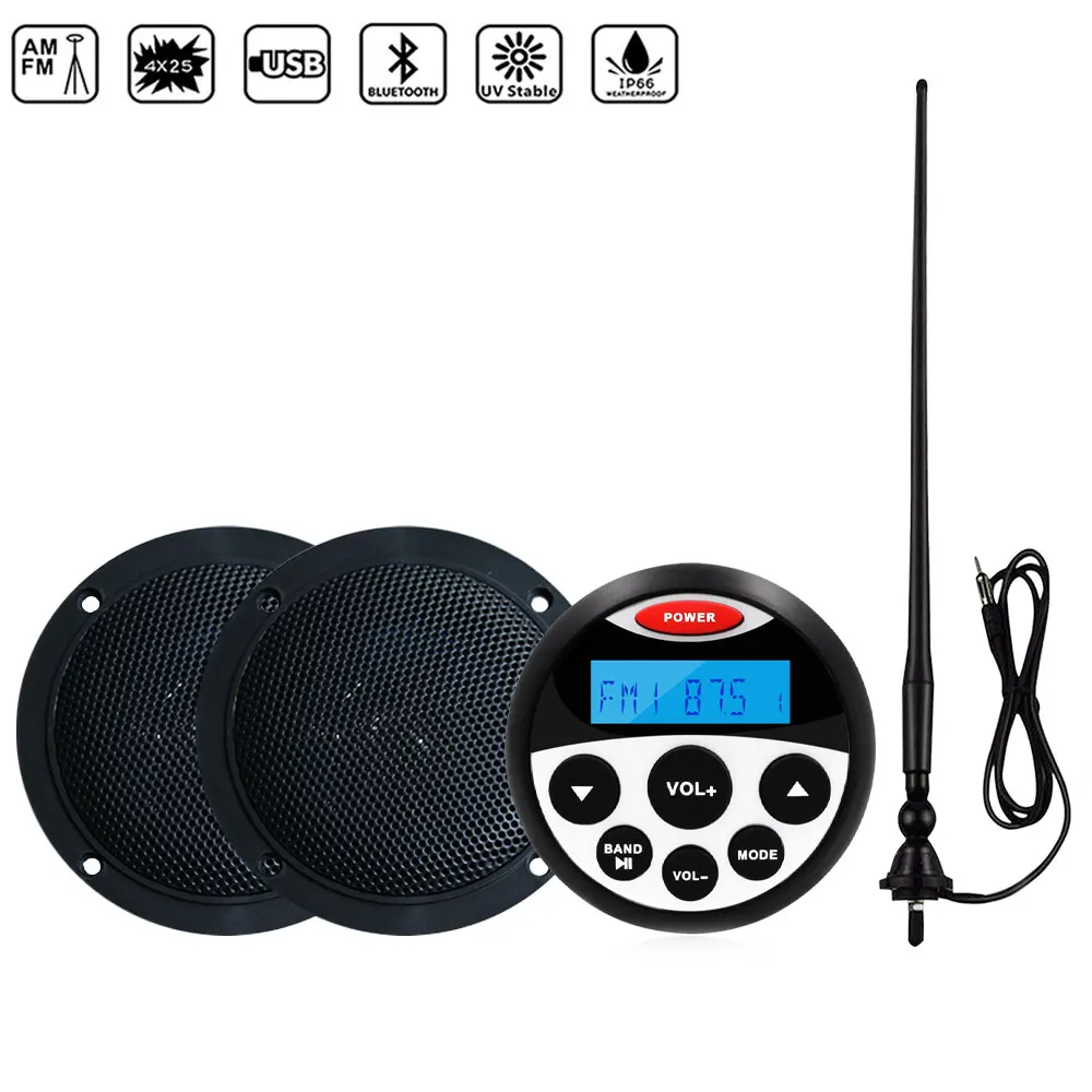 

Waterproof Marine Audio Bluetooth Stereo FM AM Receiver MP3 Player+4inch Marine Speaker For RV ATV Yacht Bath Boat+Radio Antenna