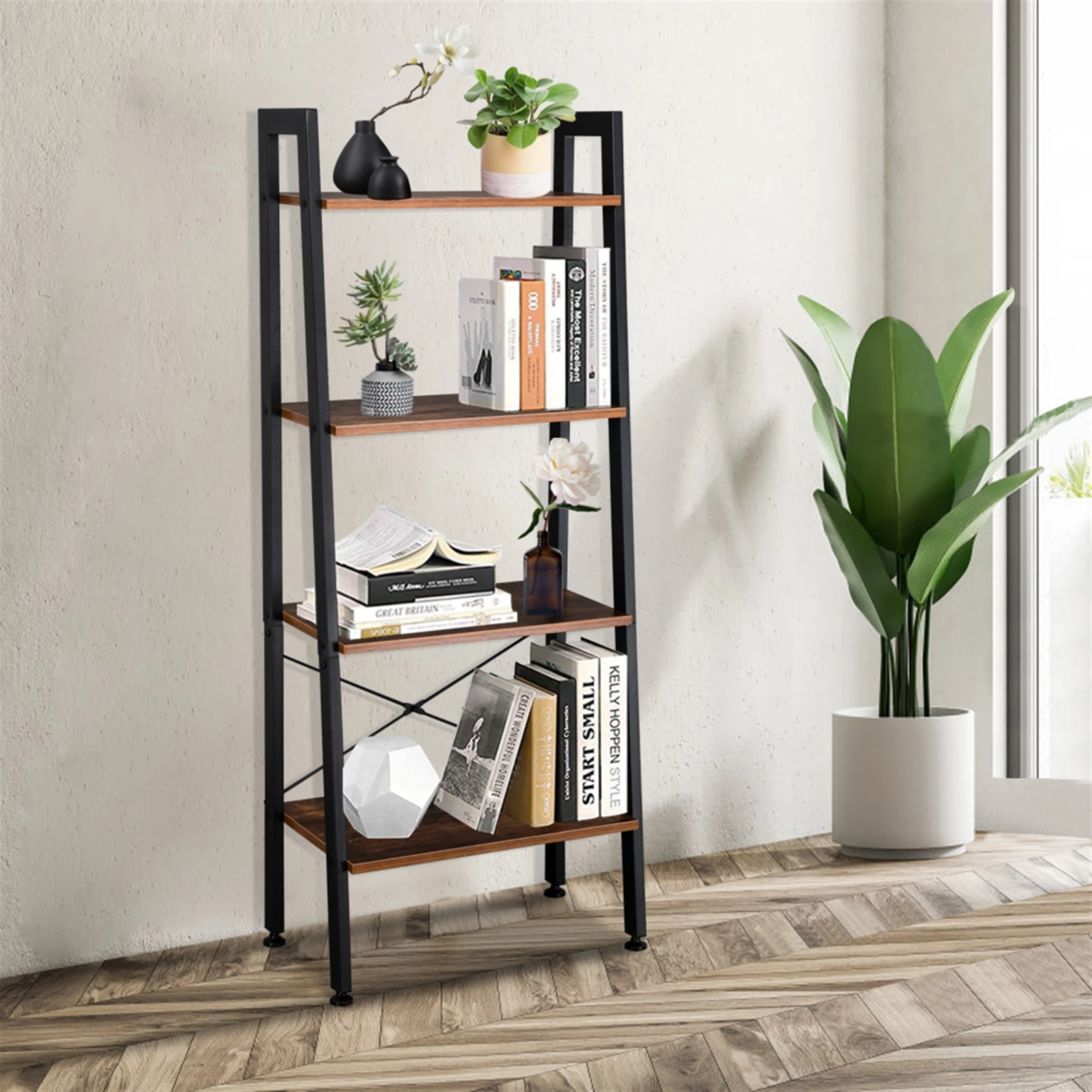 4 Tiers Industrial Ladder Shelf  Vintage Bookshelf Storage Rack Shelf Book Shelf for Office  Bathroom  Living Room