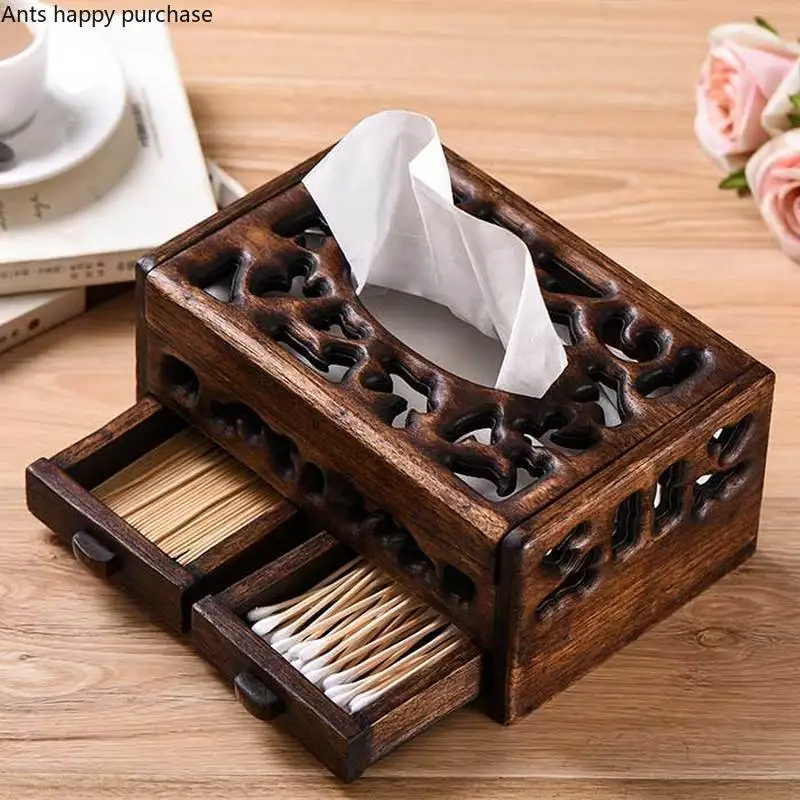 

Solid Wood Multifunction Tissue Box Retro Living Room Coffee Table Desktop Tray Creative Household Hollow Napkin Storage Box