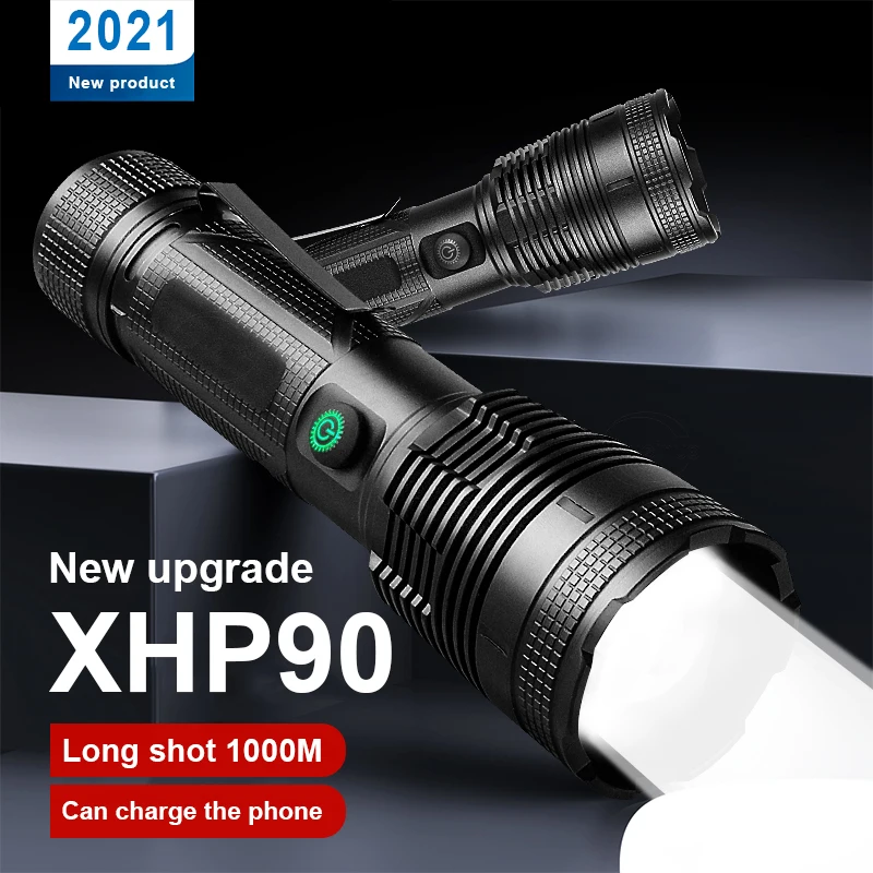 10000LM Profession LED XHP90 Zoom Flashlight USB Charging 18650 Or 26650 Flash Light  Waterproof Tactical Lantern Defense Torch