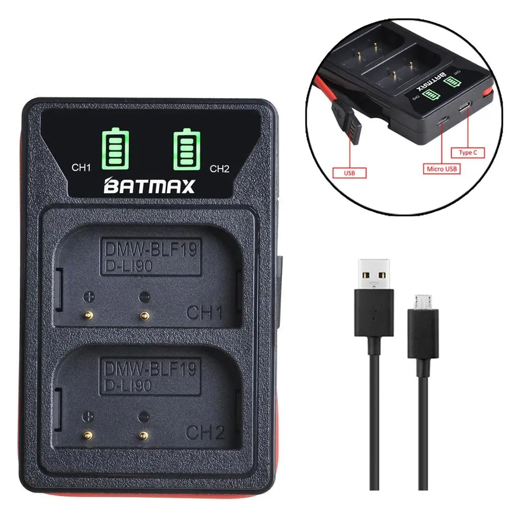 

Batmax DMW-BLF19 D-Li90 New LED Dual USB Charger with Type C Port for Panasonic Lumix GH3 GH4 GH5 G9