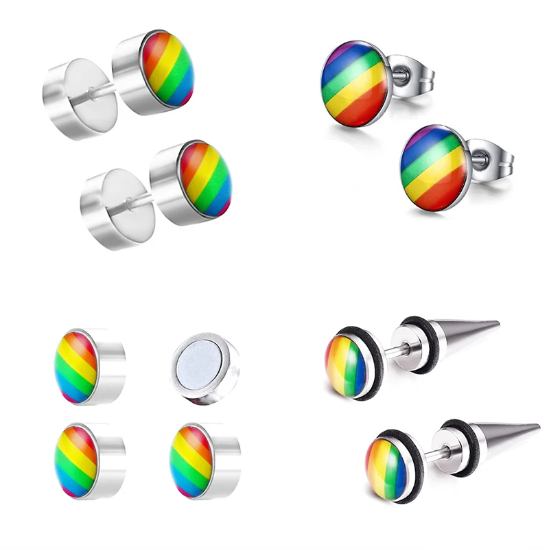 2pcs Rainbow Stud Earrings for Women Men Cartilage Fake Plug Tunnel Ear Piercing Tragus Helix Bar Stainless Steel Body Jewelry