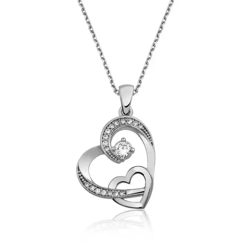 Silver Two Heart Woman Zircon Stone Women Necklace 925 Sterling Fine Jewelry Wedding Party Birthday Gift - Box - Pendant - Chain Choker - Female - Ladies - Fashion