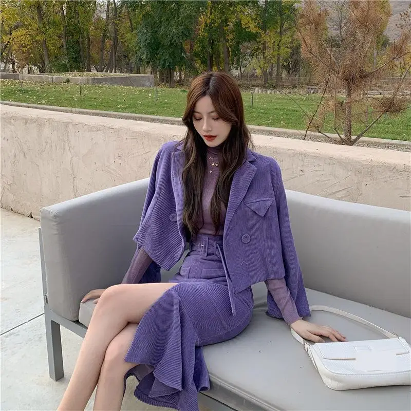 Women Two-piece Purple Dress sets Casual Long Sleeve Blazer+ Split Trumpet Skirt Office Lady Spring fall solid Suits Coat Jacket