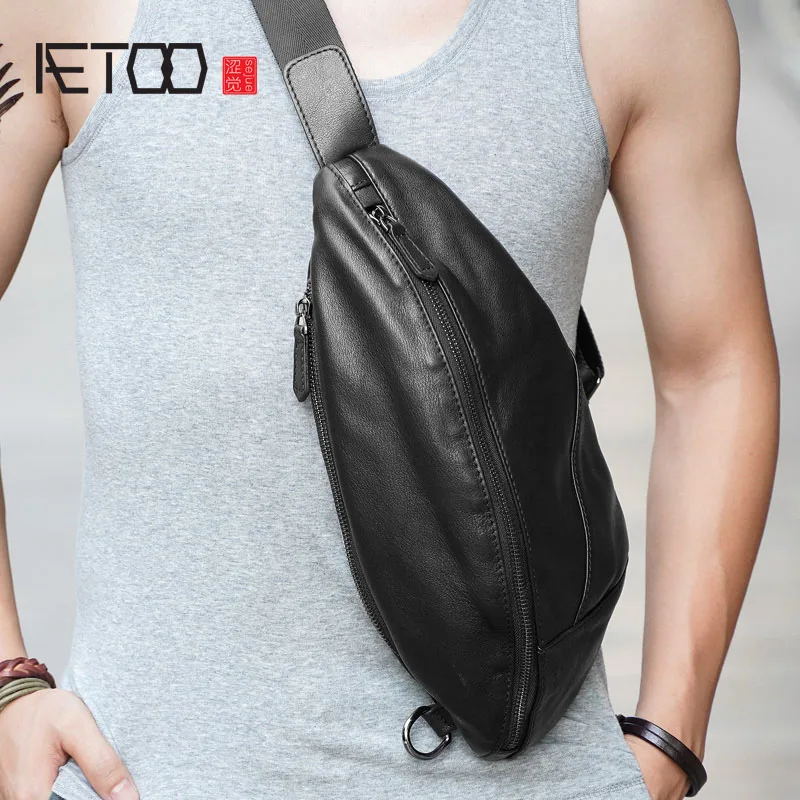 AETOO Men\'s chest bag leather Messenger bag casual men\'s top layer leather shoulder bag chest bag