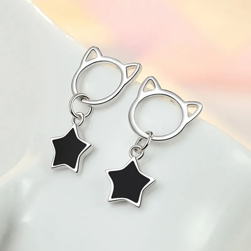 Orecchini a bottone con ciondolo a forma di stella con nappa a forma di gatto in argento Sterling 925 per donne ragazze eleganti gioielli da festa