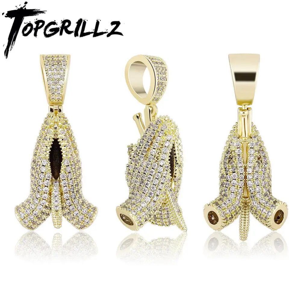 TOPGRILLZ Hip Hop Praying Hand Pendant Necklace Bling Bling Fashion Charm Jewelry  Iced Out Cubic Zirconia Gift For Men Women