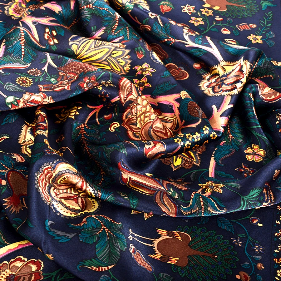 BYSIFA|Navy Blue Gold 100% Silk Scarf Hijab Ladies Rich Floral Design Printed Square Scarves 110*110cm Fall Winter Scarves Wraps