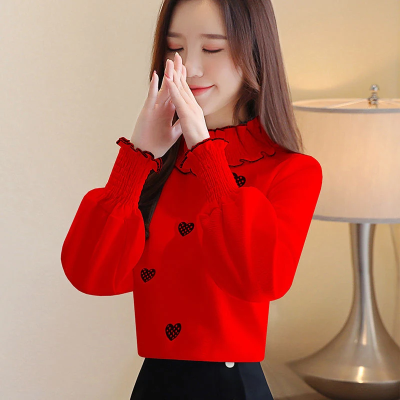 Women Spring Autumn Style Blouses Shirts Lady Casual Long Sleeve Turtleneck Heart Embroidery Blusas Tops DF3140