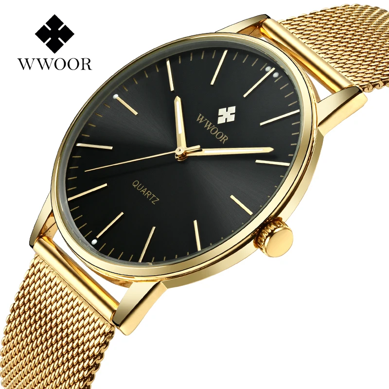 WWOOR Men Simple Analog Quartz Watch Mesh band Luminous Hands Date Display Casual Ultra-thin Wristwatches relogio masculino