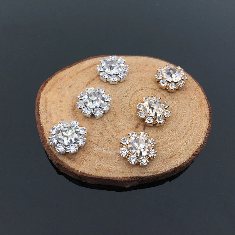 (BT307 11mm))5pcs Clear Gold Flatback Rhinestone Button Wedding Embellishments