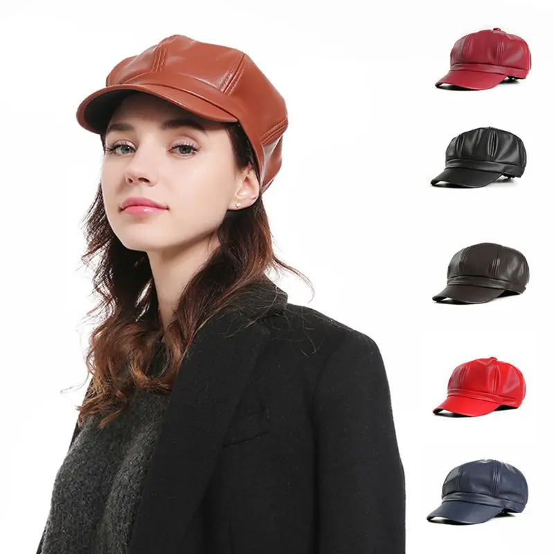 Women Men Faux Leather Newsboy Hats Glitter Solid Color Vintage London Style Cab