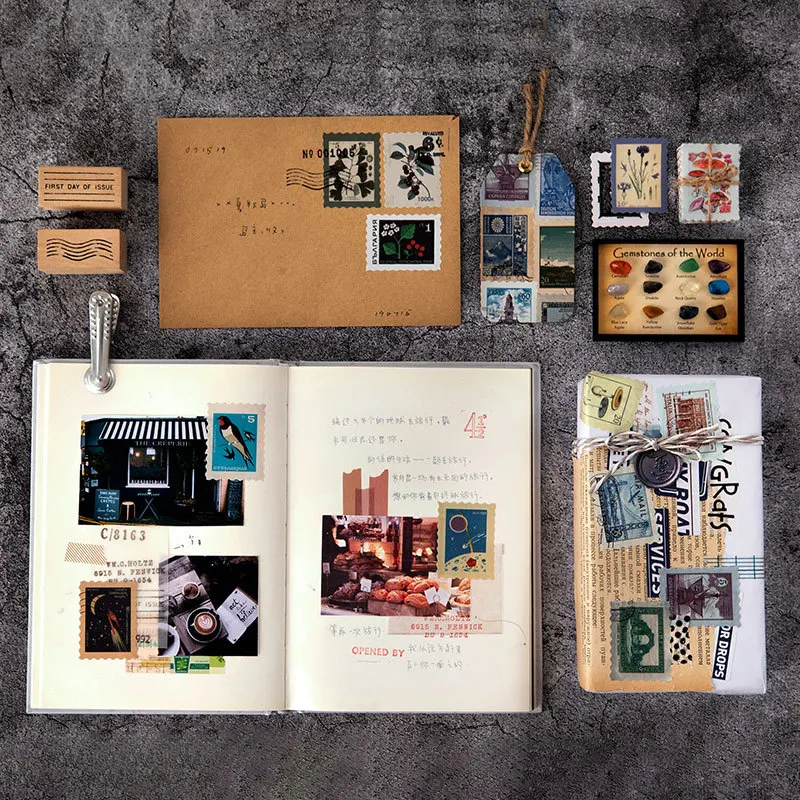 MOHAMM 46 PCS Post Stamp Stickers Set Assorted Botanical Decorative for Scrapbooking DIY Craft