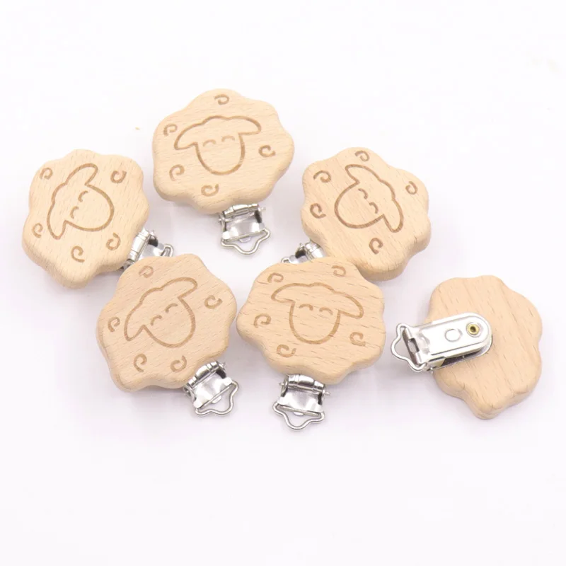 5pcs Baby Goat Pacifier Clip Non Toxic Beech Wood Engraving Printing Pacifier Clip Molar Toys 0-24 Months