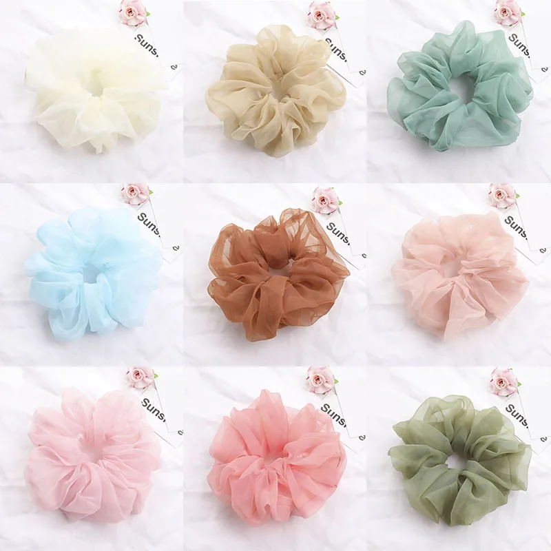 Scrunchies de malla de gran tamaño para mujer, cuerda para el cabello azul, tul transparente, Organza, lazos para el cabello, accesorios para el cabello, banda para el cabello