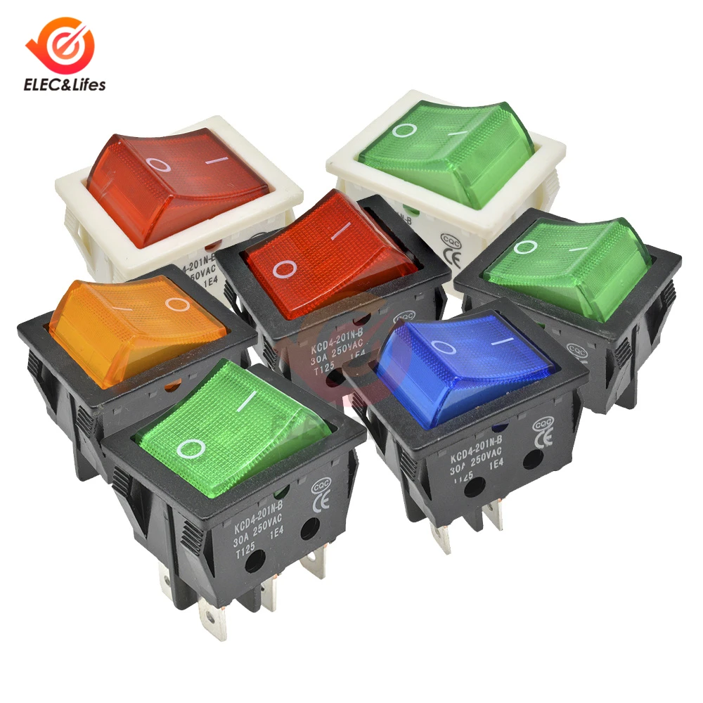 5Pcs 30A 250V 4 6 Pin ON-OFF Boat Rocker switch sterling silver contacts KCD4 power switch with led indicator light 30A/250V