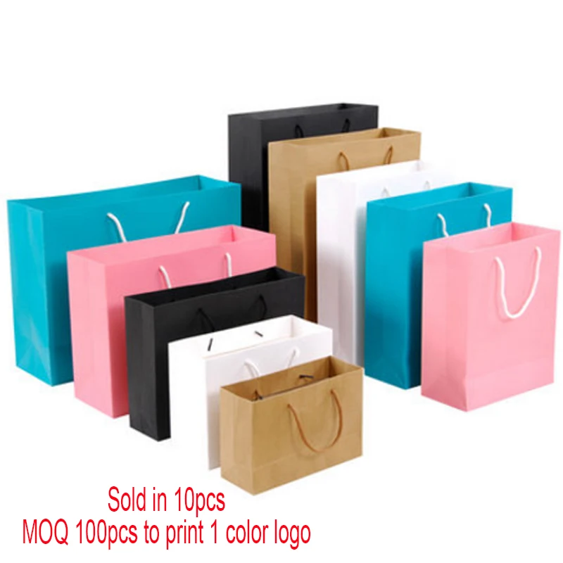 Kraft Paper Packaging Bag, Custom Gift Clothing Shopping Bag, Solid Color, Black, White, Pink, 10Pcs