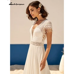 Bohemian Wedding Dresses Lace Beach Wedding Gowns V-neck short Sleeves Backless Boho Bridal Gowns Country gelinlik Simple