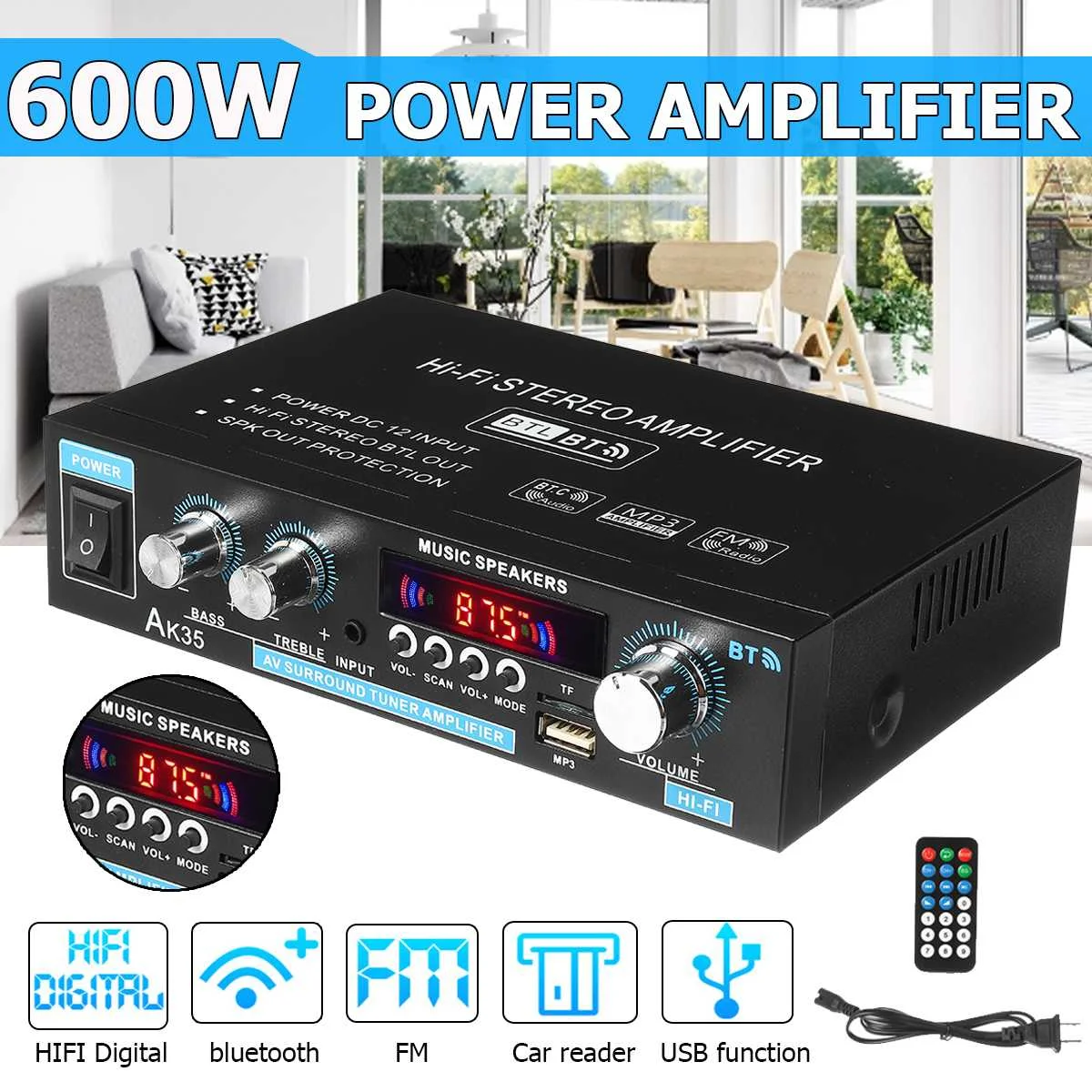 AMPLIFICADOR DE POTENCIA para cine en casa, dispositivo Digital de 800W, 220V, HIFI, Bluetooth, Subwoofer, entrada AUX, USB, SD