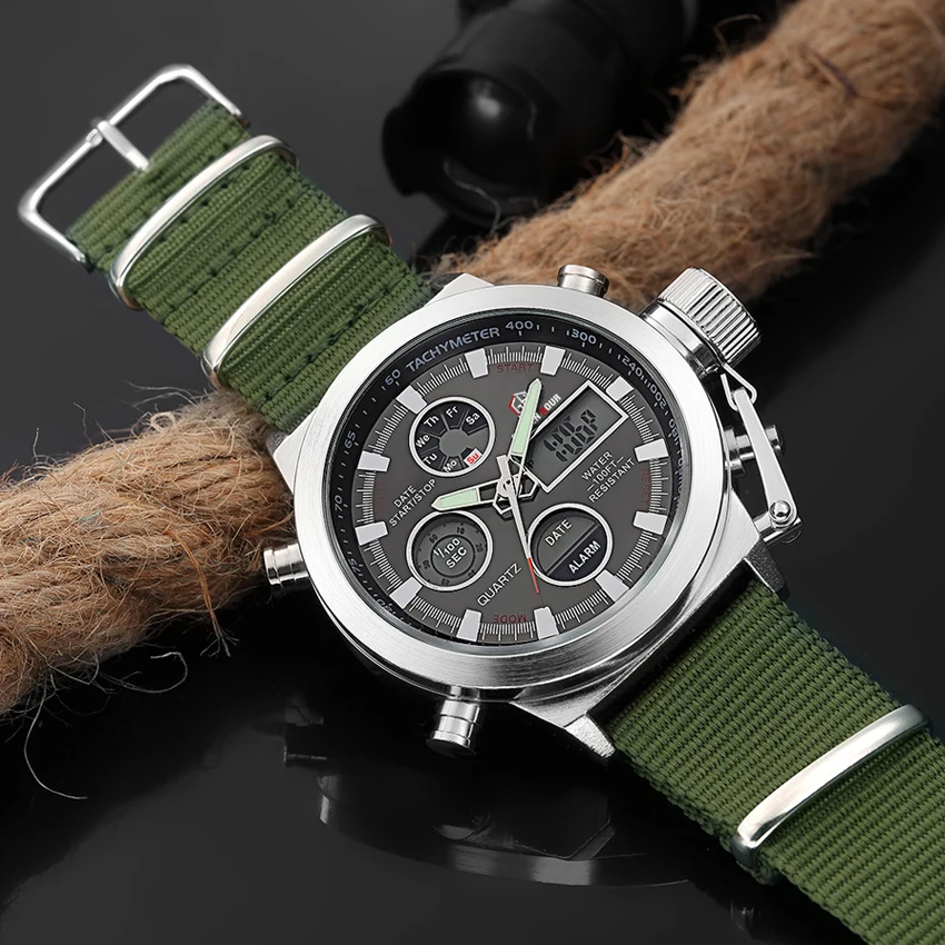 GOLDENHOUR Sport Men Wristwatch Fashion Men Quartz Watch Nylon Strap Week Display Army Military LED Clock Relogio Masculino