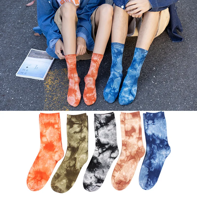 

Autumn/Winter Japanese Korean Tie-dye Flat Tube Socks Pure Cotton European Street Style Skateboard Socks Couple Socks