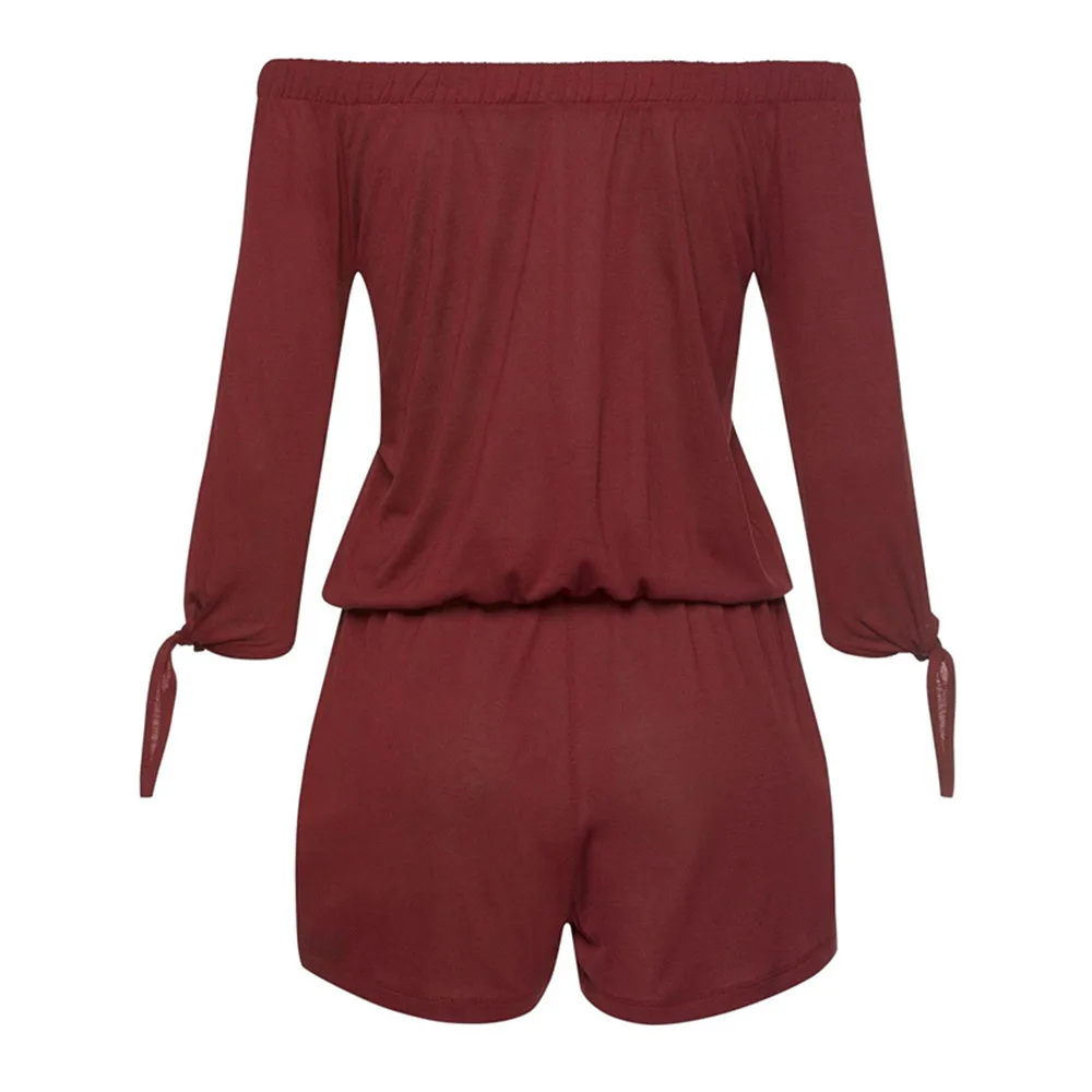 Summer Wine Red Off Shoulder Beach Style Jumpsuits Women Sexy Solid Tassel Half Sleeve Playsuits Hollow Out Casual Women Rompers