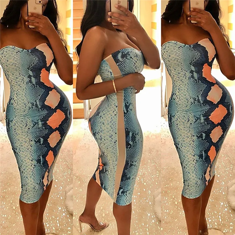 Animal Snake Print Sexy Bodycon Summer Dress Women Sleeveless Strapless Bandage Party Dress Ladies Club Dress Beach Sundresses