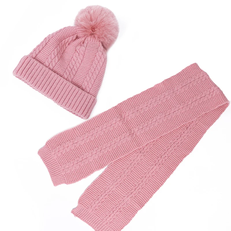 Winter Autumn Children Hat And Scarf Set With Faux Fur PomPons Outdoor Thick Windproof Knitted Cute Beanies With Lining For Kids