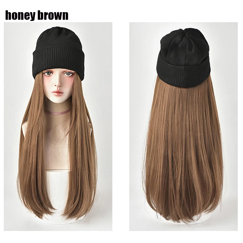 Long Synthetic Beanies Hat With Hair Wigs For Women 24inch Straight Hair Synthetic Wig Warm Soft Ski Knitted Autumn Winter Cap