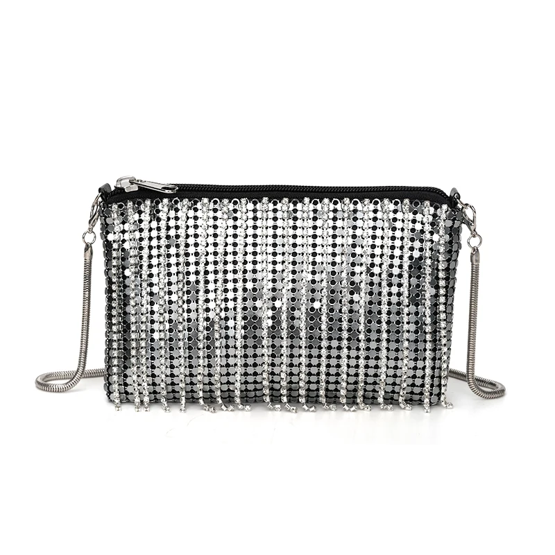 Women's Alloy Silver Sequin Rhinestone Tassel Metal Texture Mesh Chain Messenger Bag Personalized Fashion Banquet Shoulder Bag