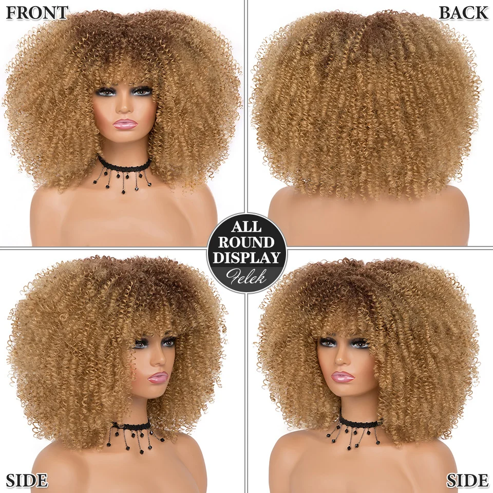 Short Hair Afro Kinky Curly Wigs With Bangs For Black Women African Synthetic Ombre Cosplay Wigs High Temperature Felek