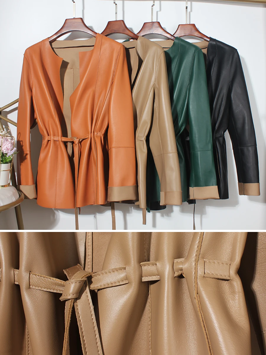 Women Clothing European Elegant Female Genuine Leather Coat Mujer Draw Back Round Neck Pleated Belt Caramel Jackets Streetwear