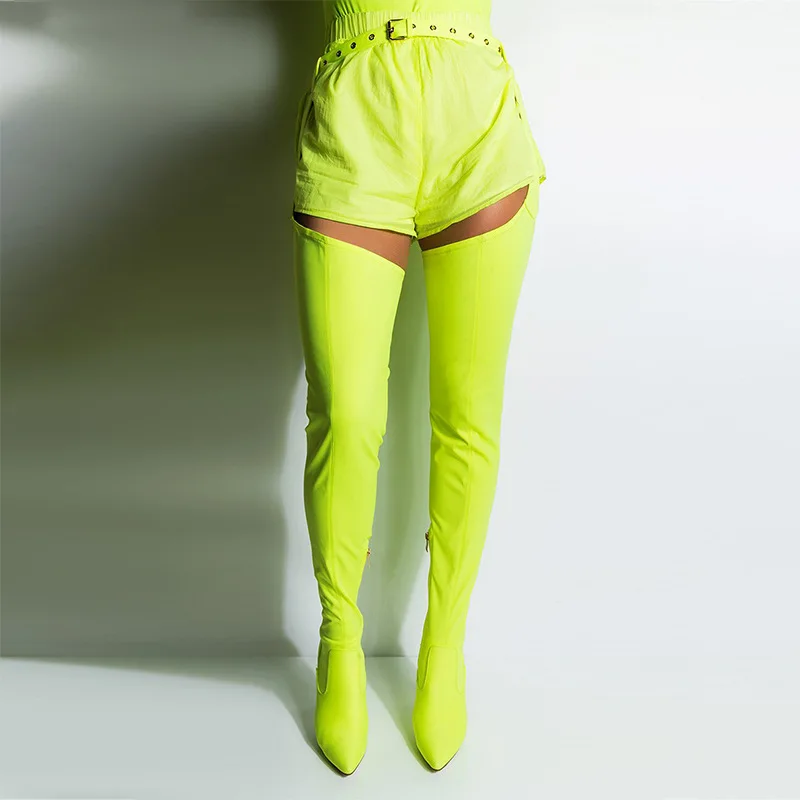 New Sexy Neon Green Crotch High Boots Pointied Toe Belted Buckle Thigh High Boots Stiletto Boots Women Over The Knee Boots