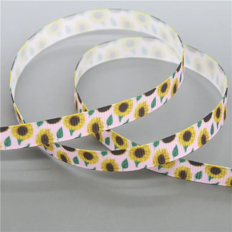 DHK 3/8\'\' 5yards Sunflowers Chrysanthemum Printed Grosgrain Ribbon Accessory Hairbow Headwear DIY Decoration 9mm C1893