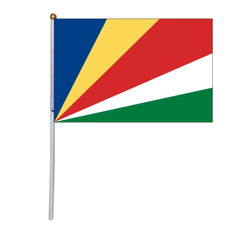 

free shipping xvggdg 100pcs 14 * 21cm National Flag Seychelles hand flags with plastic flagpole Polyester Printing flag