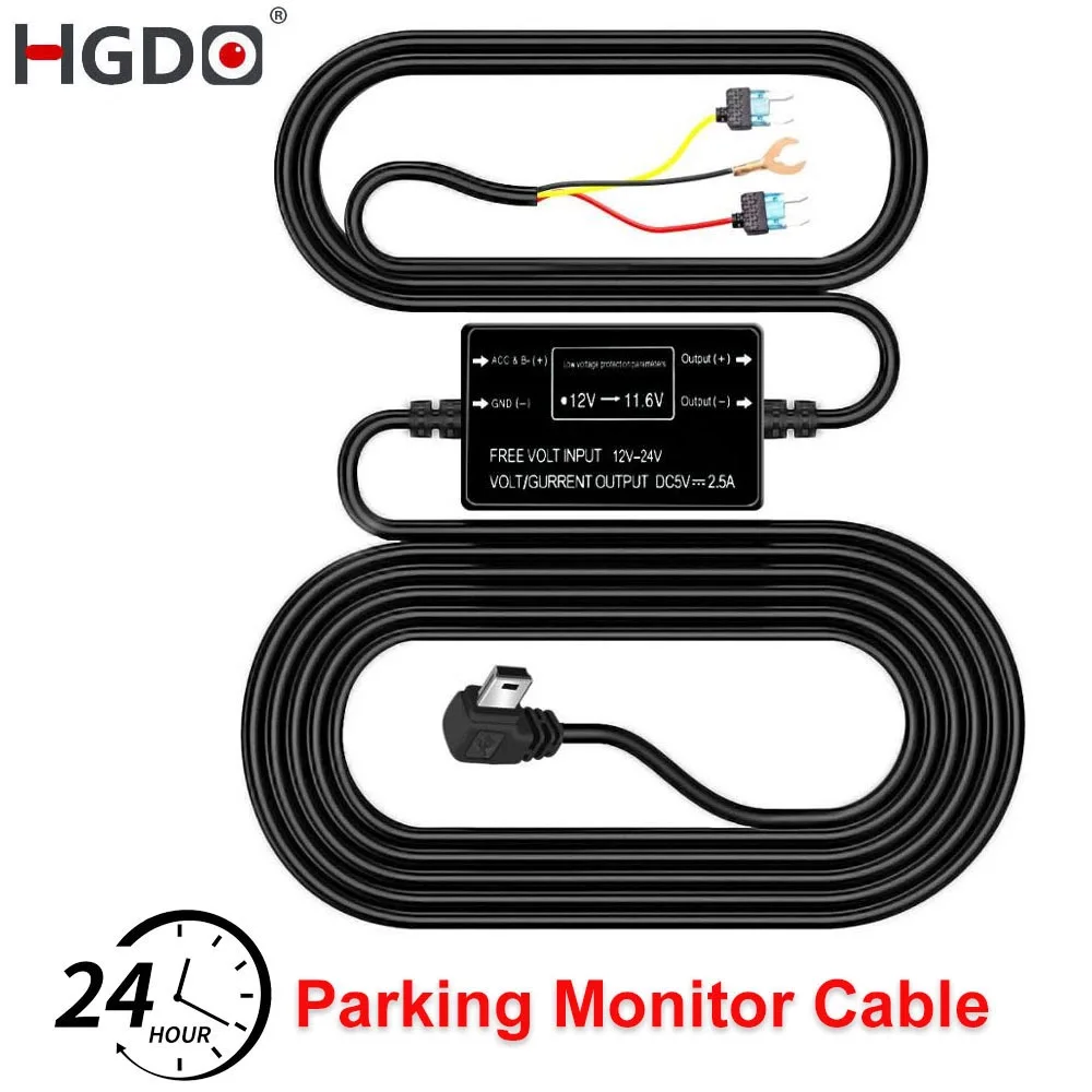 Zestaw do przewodowego podłączenia kamery samochodowej HGDO, port Mini USB, zasilanie DC 12/24V na 5V, ładowarka samochodowa 3A, monitorowanie parkowania 24H, przewód Buck do rejestratorów DVRS i GPS.