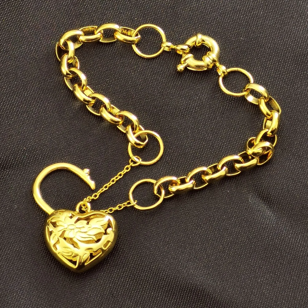 18k Gold Plated 4mm Chain Width Heart Belcher padlock womens solid bracelet jewllery