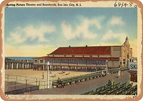 Metal Sign - New Jersey Postcard - Moving Picture Theatre and Boardwalk, Sea Isle City, N. J. - Vintage Rusty Look Wall Decor f