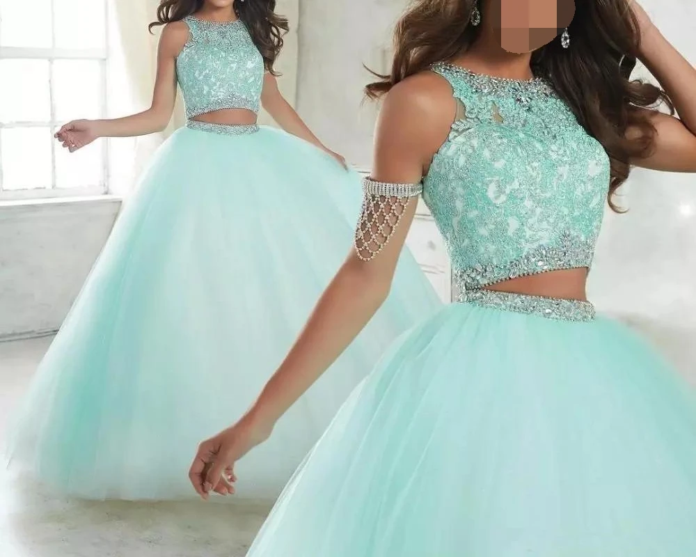 Vestido de baile de encaje de dos piezas, quinceañera, 15 años, largo hasta el suelo, Apliques de encaje, 16 vestidos de graduación, 2019