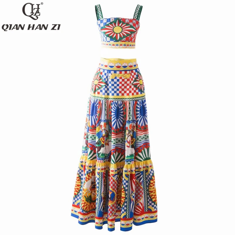 

Qian Han Zi designer runway fashion sexy two piece set Spaghetti Strap short top+pattern print long skirt Suit Women New summer