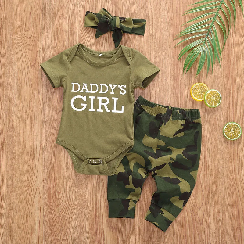 2022 Toddler Newborn Baby Girls Boys Clothes Set Camouflage Short Sleeve Letter Printed Bodysuit Tops Pants Baby Clothes Summer