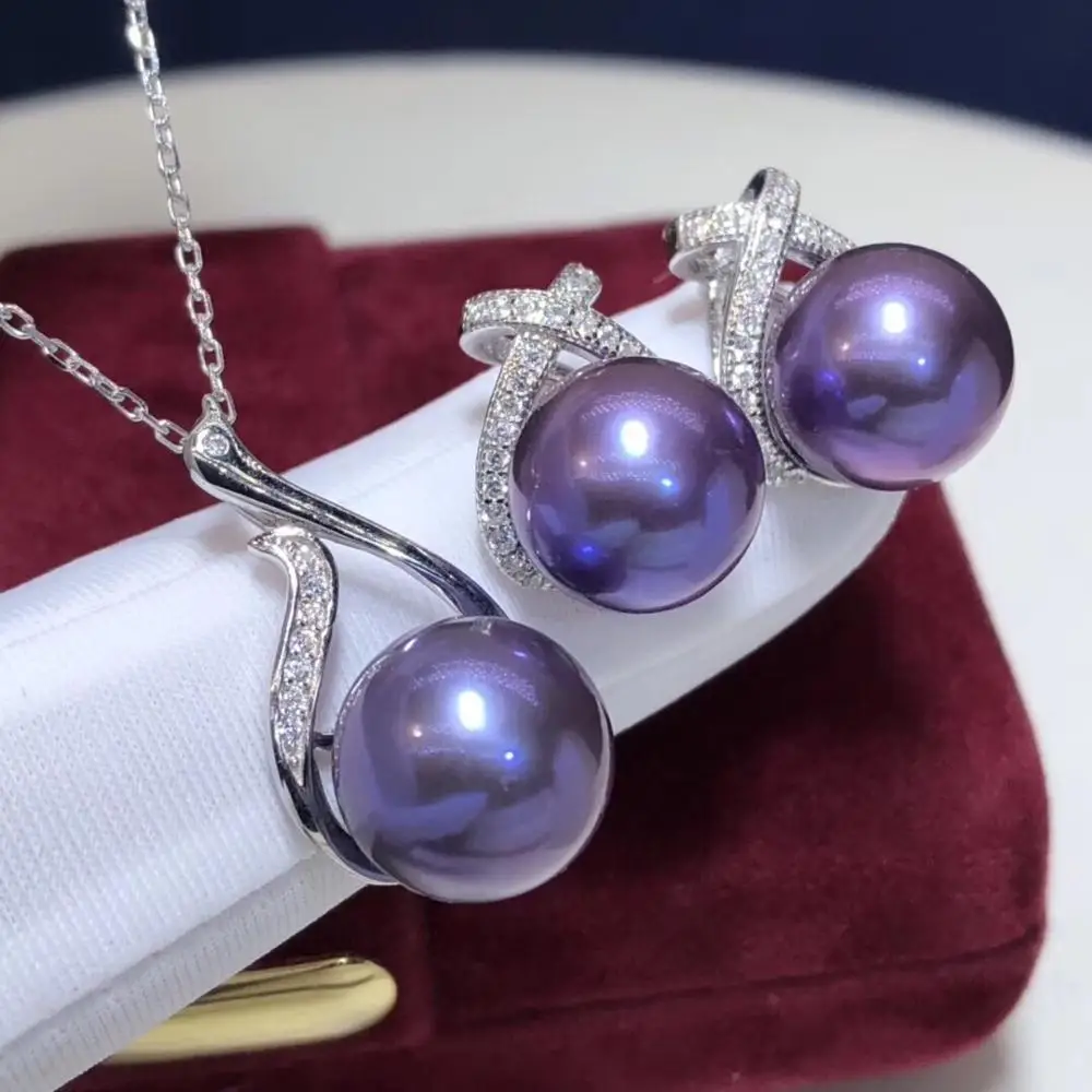 Fine Jewelry Pure 925 Sterling Silver Natural Fresh Water 8-12mm Purple Pearl Female's Jewelry Sets for Women FIne Jewelry Sets