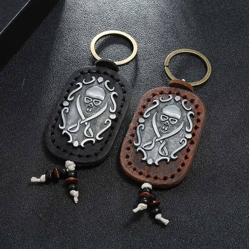 Vintage cowhide key ring hand stitched double faced skull leather key ring bag pendant