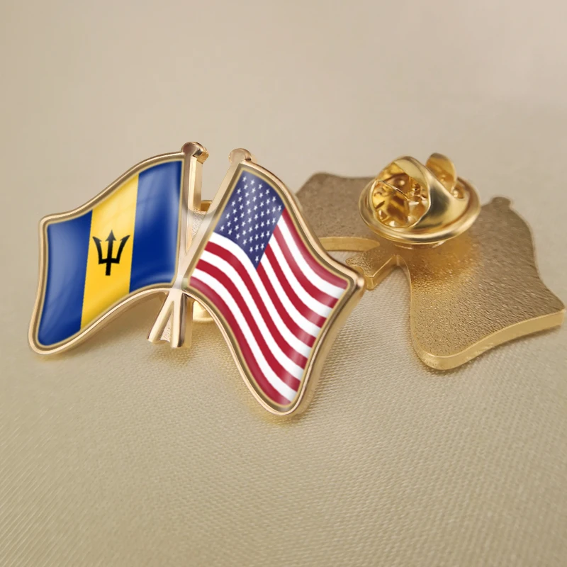 Barbados and United States of America Crossed Double Friendship Flags Lapel Pins Brooch Badges